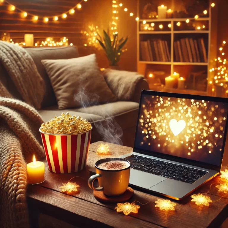 A cozy setup with a laptop playing a romantic movie, surrounded by popcorn and fairy lights